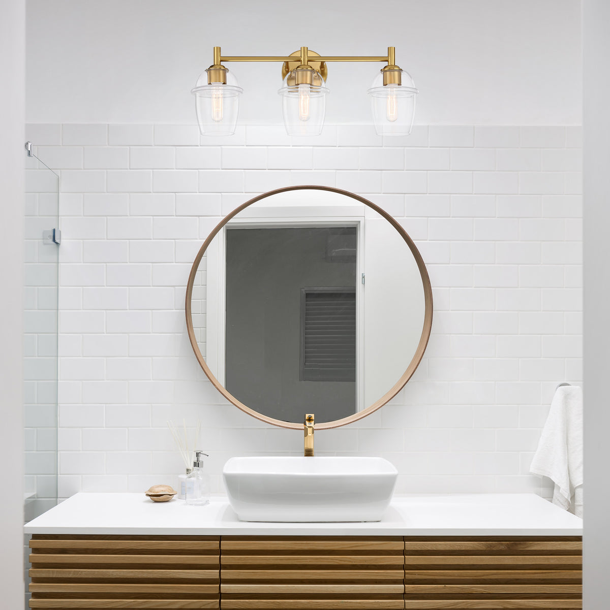 Summer Jazz 24 in. 3-Light Brushed Gold Transitional Vanity Light with Clear Glass Shades for Bathrooms