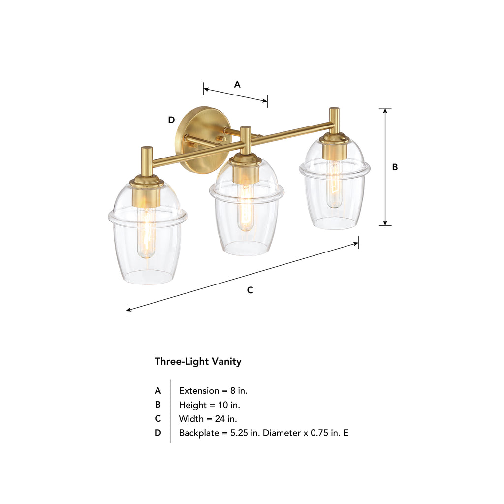 Summer Jazz 24 in. 3-Light Brushed Gold Transitional Vanity Light with Clear Glass Shades for Bathrooms