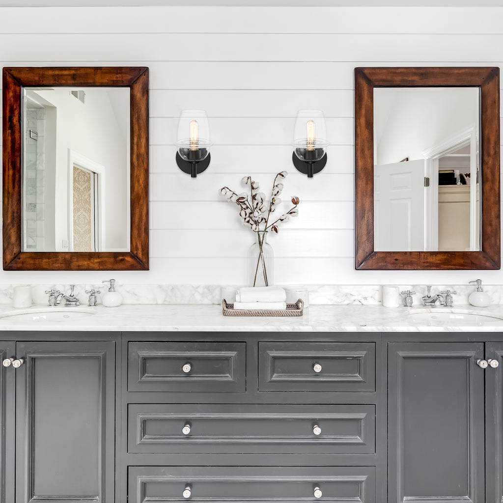Summer Jazz 5.5 in. 1-Light Matte Black Transitional Wall Sconce with Clear Glass Shade for Bathrooms