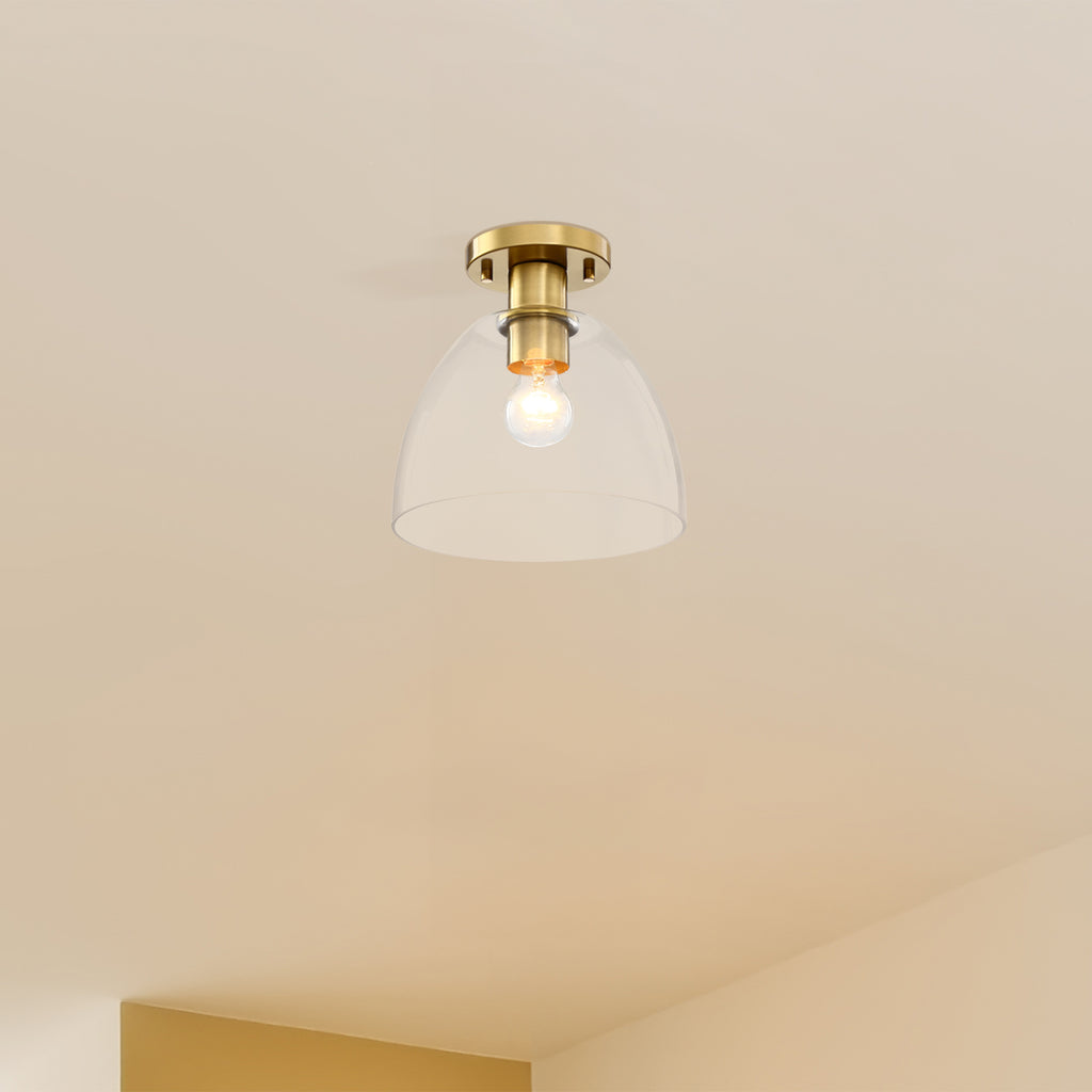 Indigo 10 in. 1-Light Brushed Gold Modern Entryway Semi-Flush Mount with Clear Glass Shade