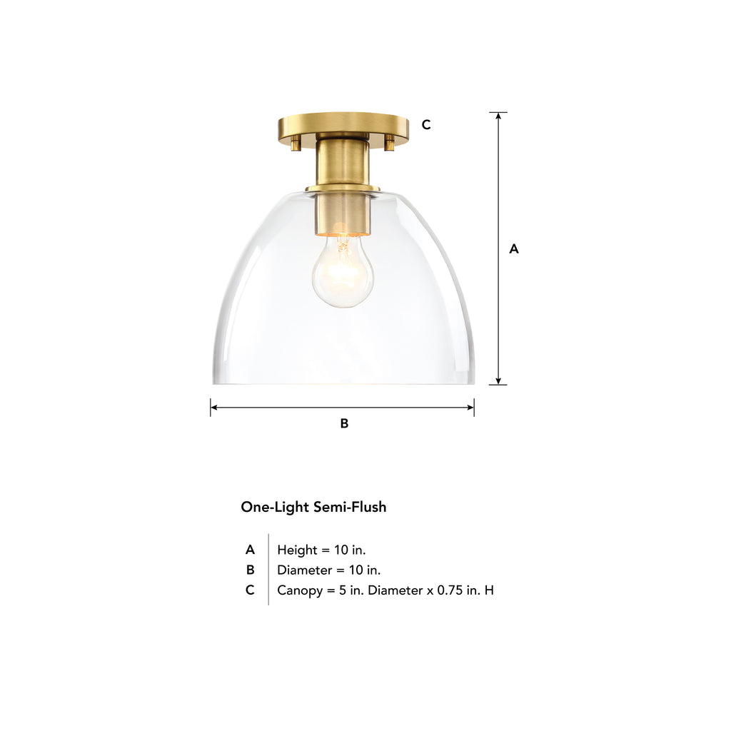 Indigo 10 in. 1-Light Brushed Gold Modern Entryway Semi-Flush Mount with Clear Glass Shade