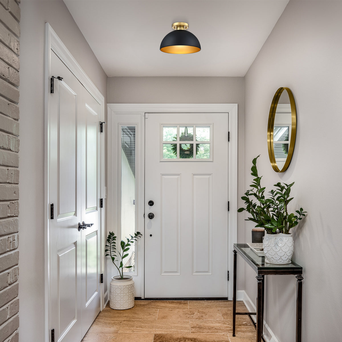 12 in. 1-Light Modern Matte Black Semi-Flush Mount with Metal Shade for Entryways