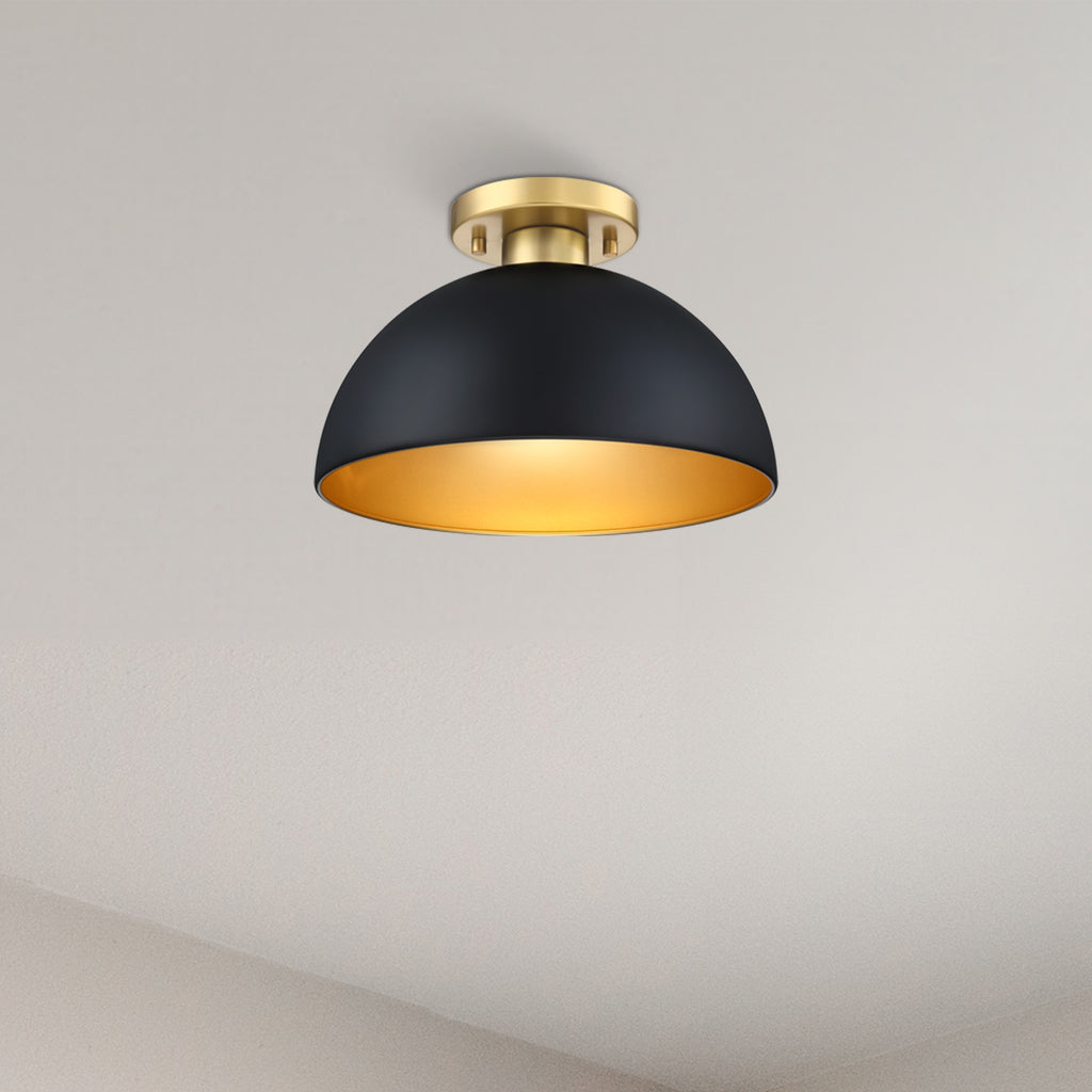 12 in. 1-Light Modern Matte Black Semi-Flush Mount with Metal Shade for Entryways