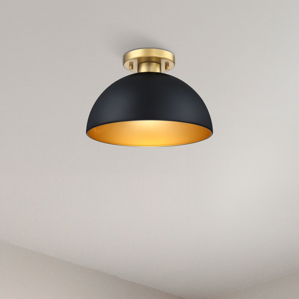 12 in. 1-Light Modern Matte Black Semi-Flush Mount with Metal Shade for Entryways