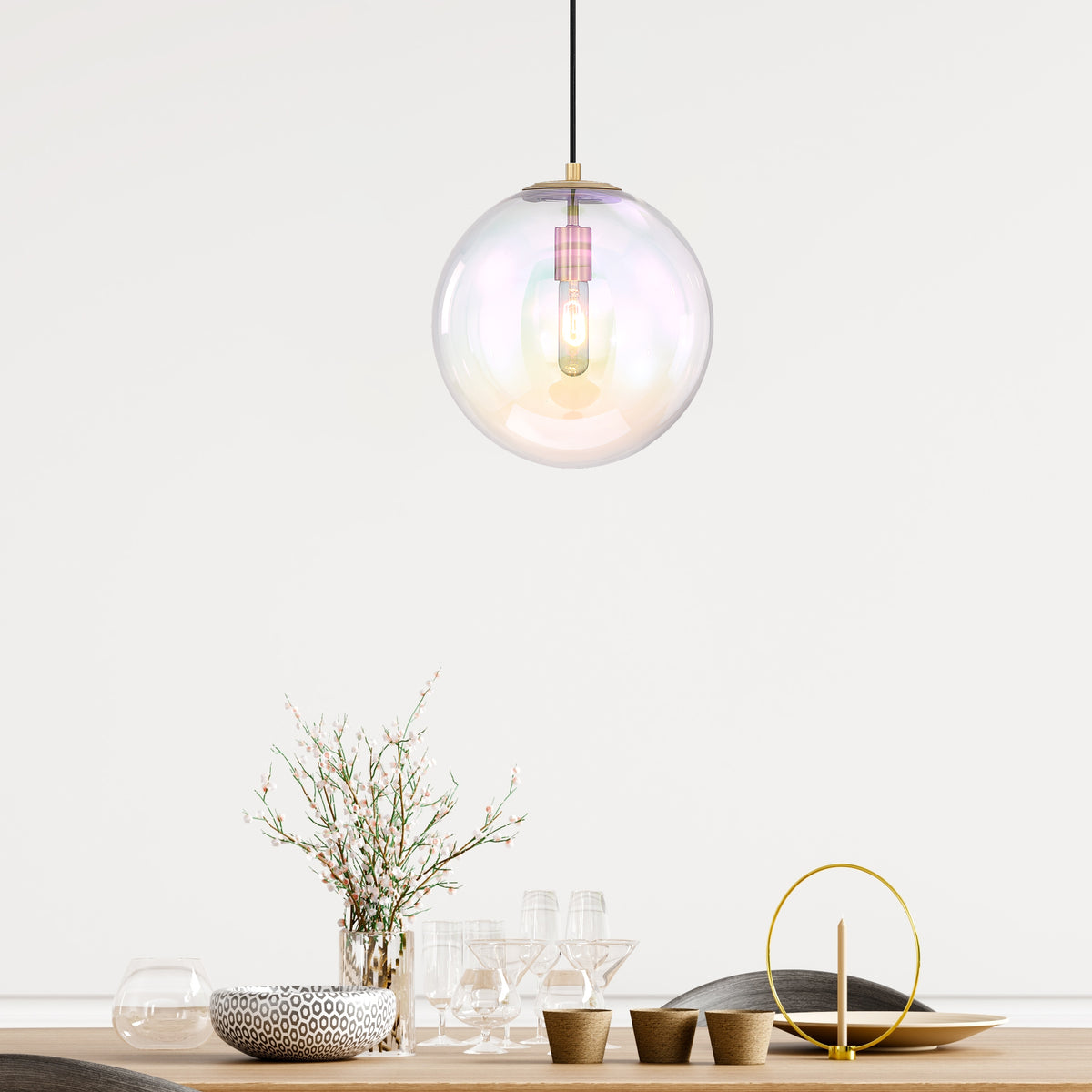 Lena 60-Watt 1-Light Brushed Gold Modern Pendant Light with Clear Iridescent Glass Shade and No Bulbs Included