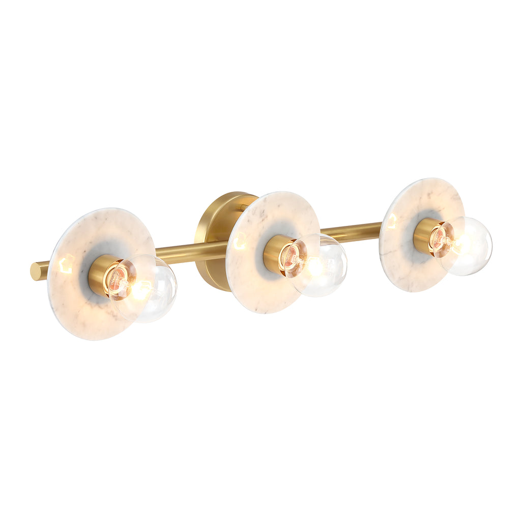 Cumeo 28 in. 3-Light Brushed Gold Transitional Vanity Light with Marble Accents