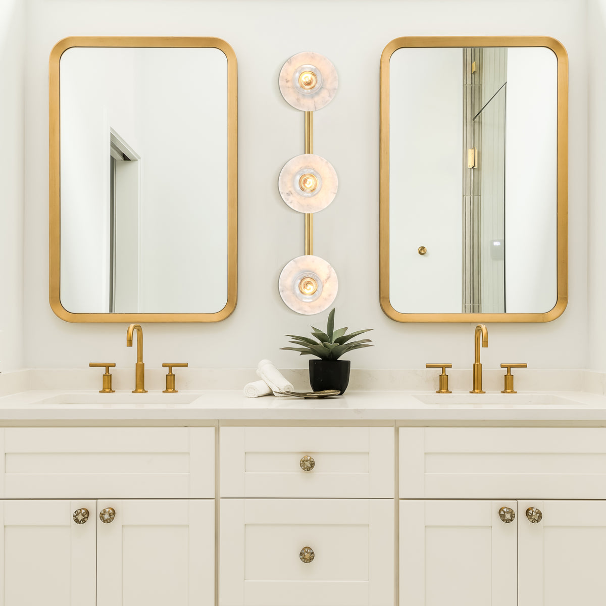 Cumeo 28 in. 3-Light Brushed Gold Transitional Vanity Light with Marble Accents