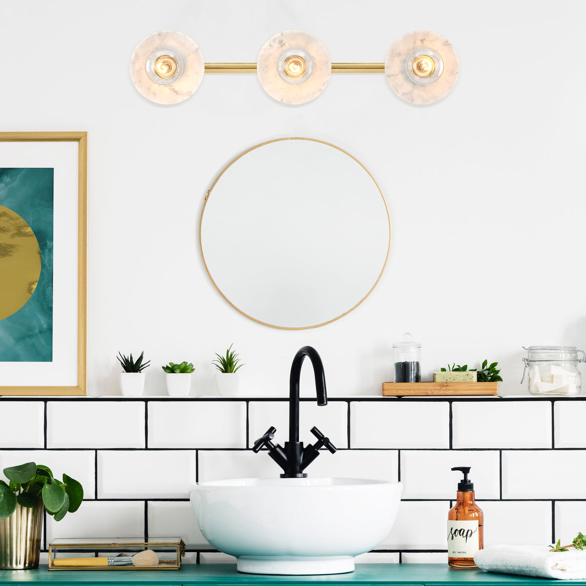 Cumeo 28 in. 3-Light Brushed Gold Transitional Vanity Light with Marble Accents