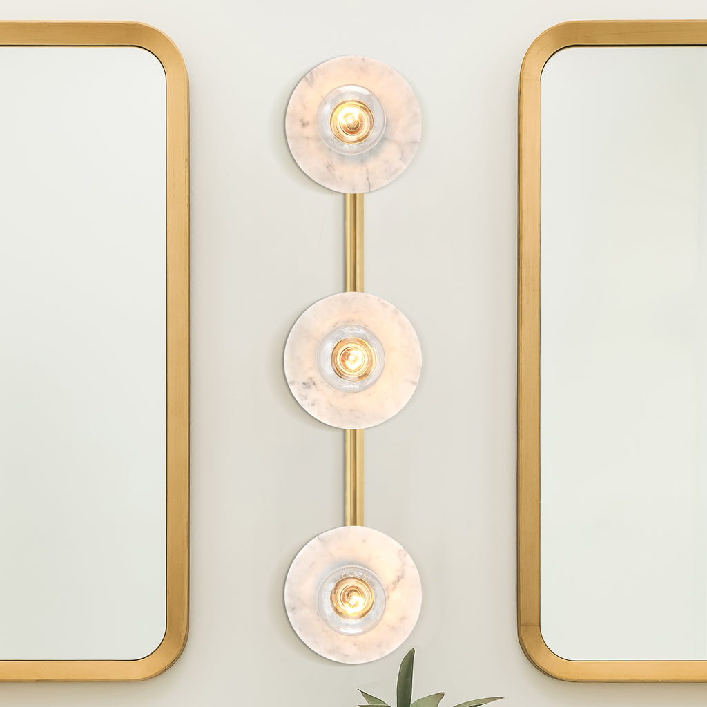 Cumeo 28 in. 3-Light Brushed Gold Transitional Vanity Light with Marble Accents