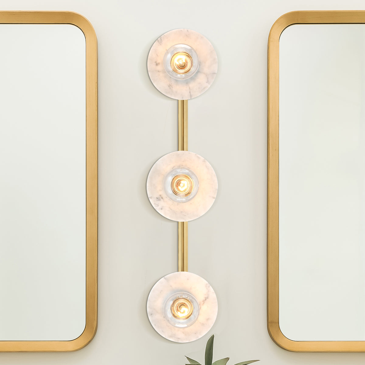 Cumeo 28 in. 3-Light Brushed Gold Transitional Vanity Light with Marble Accents