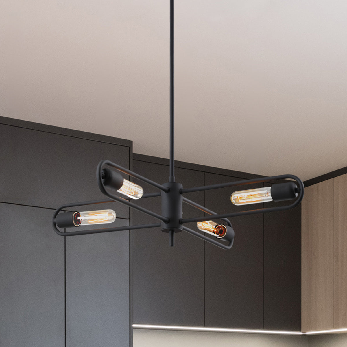 Lumi 60-Watt 4-Light Black Modern Cage Chandelier Convertible Semi Flush Mount for Living Rooms