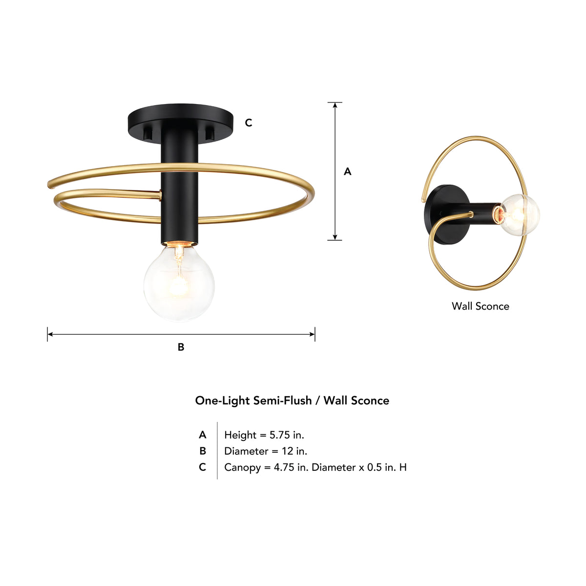 Stella 12 in. 1-Light Matte Black Modern Entryway Semi-Flush Mount with No Bulb Included