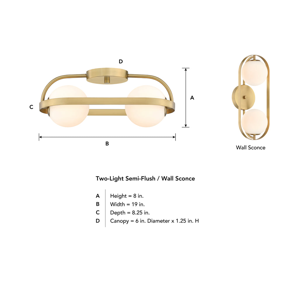 Utopia 19 in. 2-Light Brushed Gold Modern Entryway Semi-Flush Mount with Etched Glass Shades
