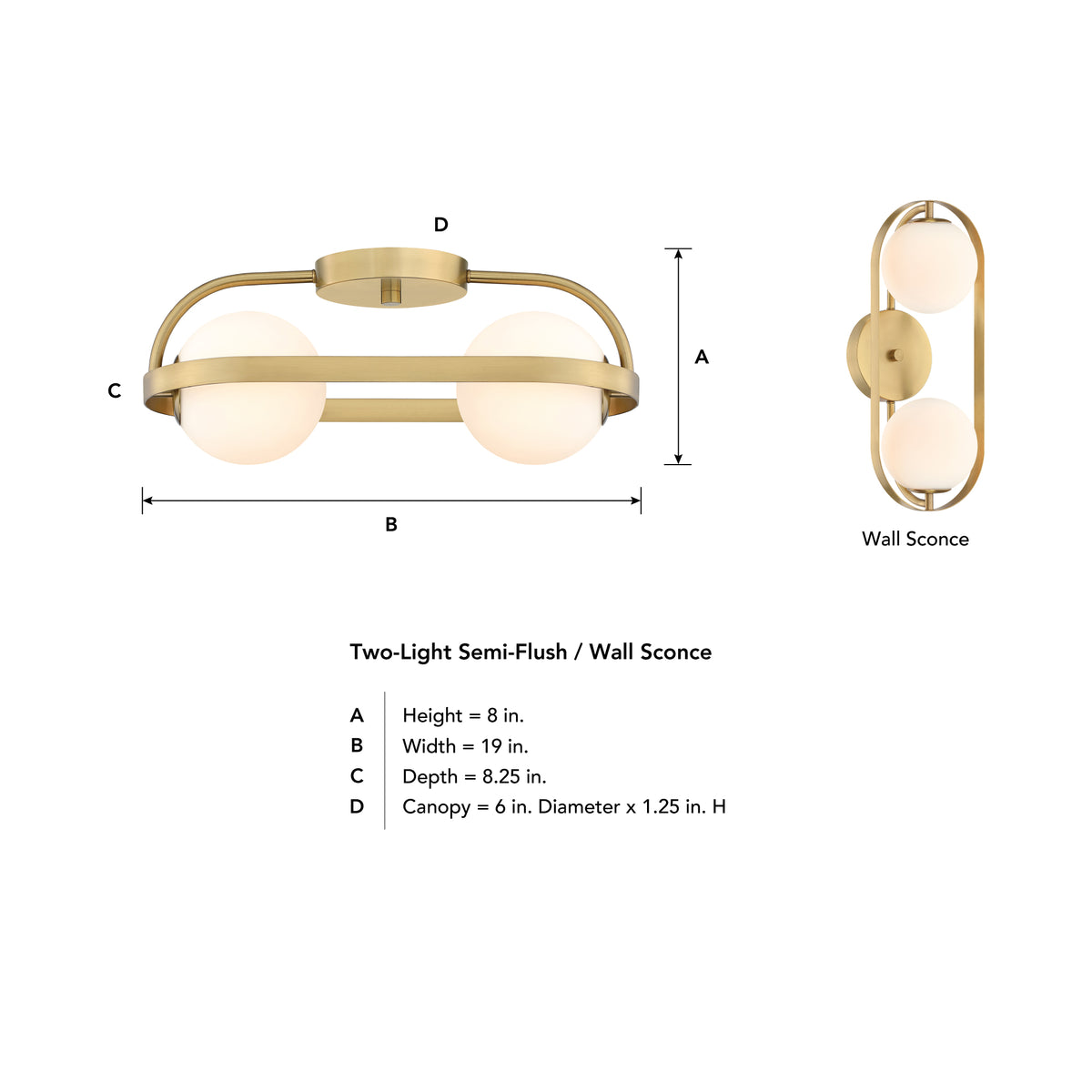 Utopia 19 in. 2-Light Brushed Gold Modern Entryway Semi-Flush Mount with Etched Glass Shades