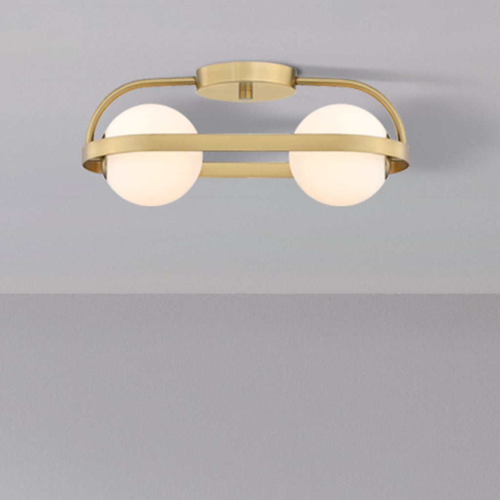 Utopia 19 in. 2-Light Brushed Gold Modern Entryway Semi-Flush Mount with Etched Glass Shades