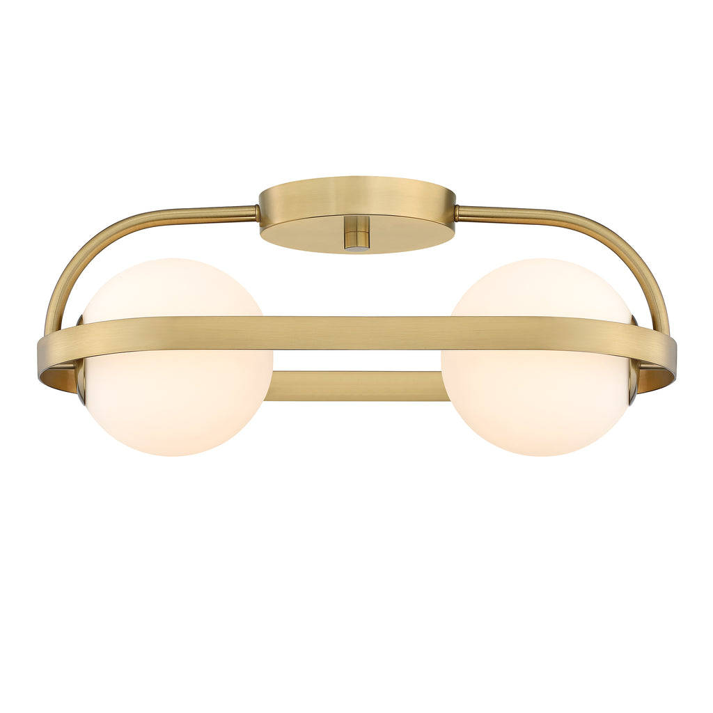 Utopia 19 in. 2-Light Brushed Gold Modern Entryway Semi-Flush Mount with Etched Glass Shades