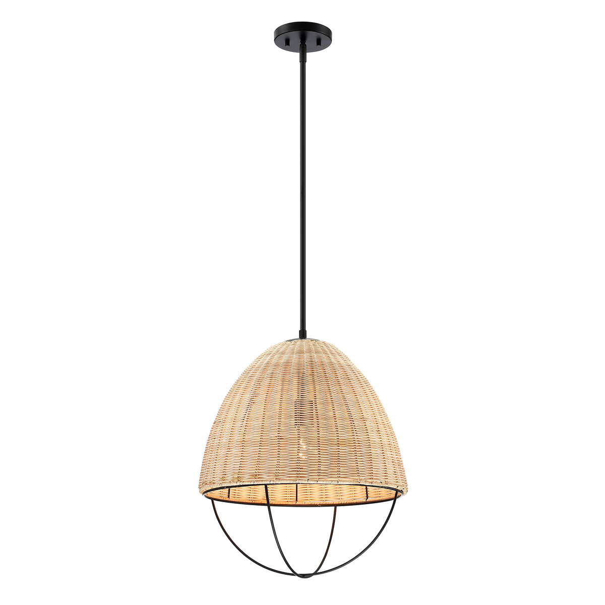 Hinai 60-Watt 1-Light Matte Black Coastal Pendant Light with Cage and Natural Wicker Shade
