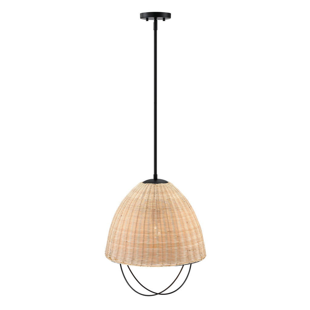 Hinai 60-Watt 1-Light Matte Black Coastal Pendant Light with Cage and Natural Wicker Shade