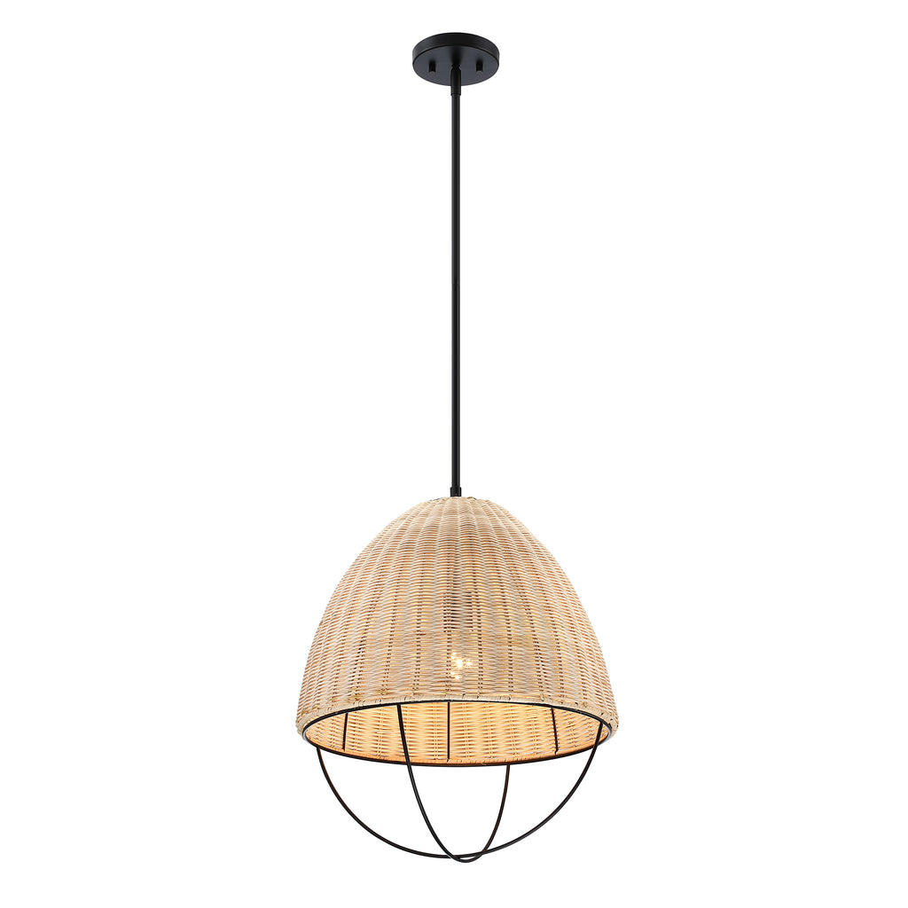 Hinai 60-Watt 1-Light Matte Black Coastal Pendant Light with Cage and Natural Wicker Shade