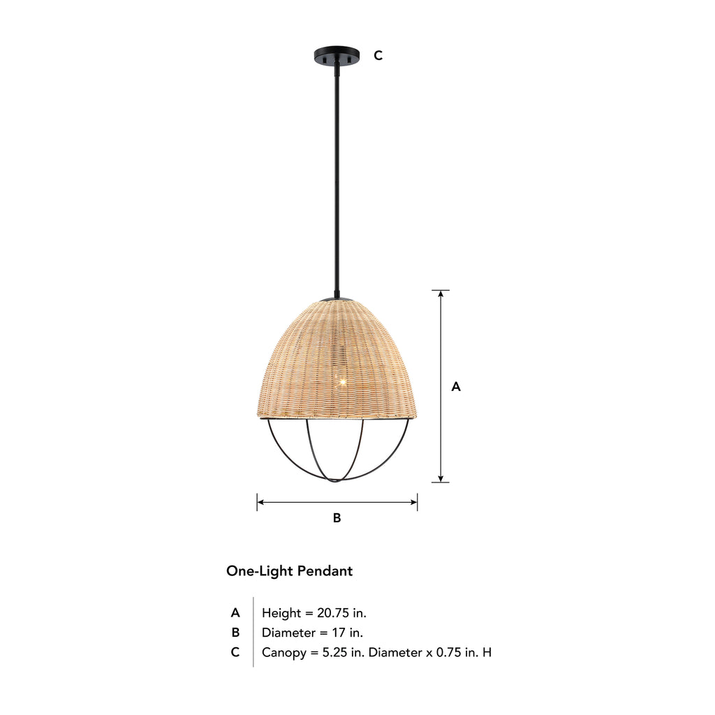 Hinai 60-Watt 1-Light Matte Black Coastal Pendant Light with Cage and Natural Wicker Shade