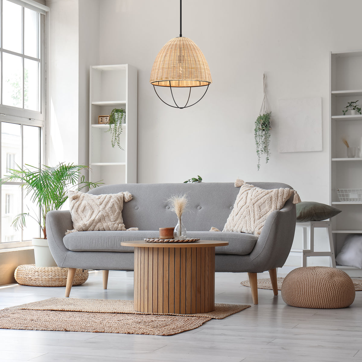 Hinai 60-Watt 1-Light Matte Black Coastal Pendant Light with Cage and Natural Wicker Shade