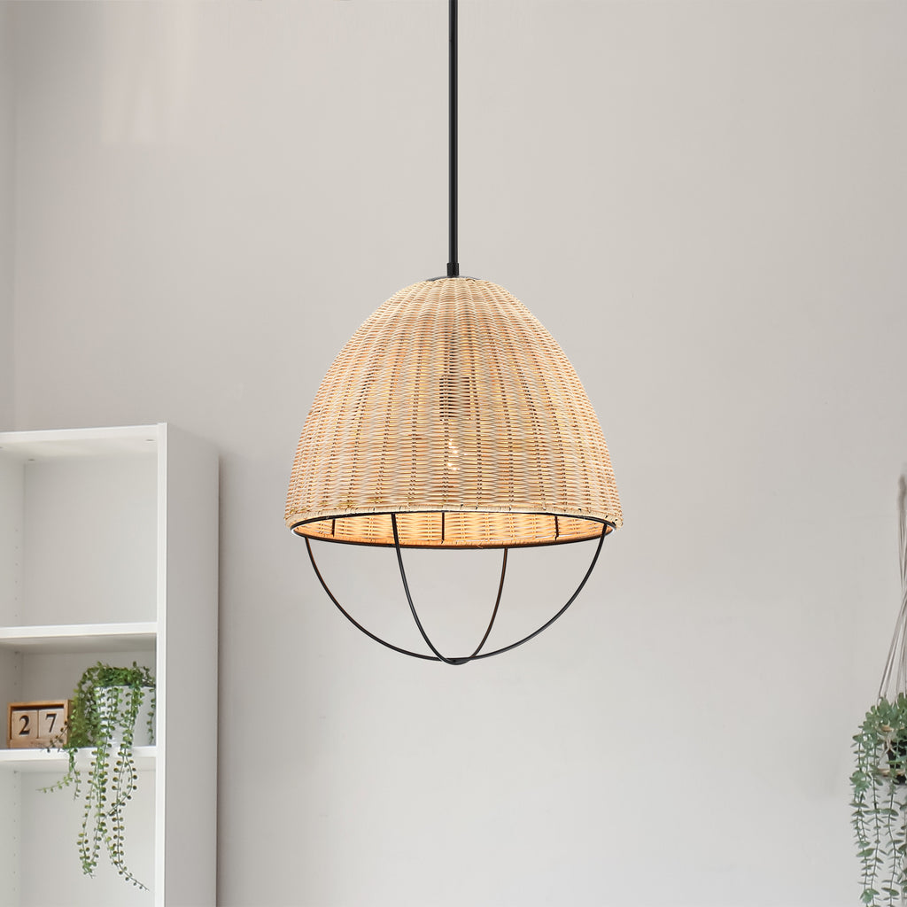 Hinai 60-Watt 1-Light Matte Black Coastal Pendant Light with Cage and Natural Wicker Shade