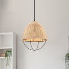 Hinai 60-Watt 1-Light Matte Black Coastal Pendant Light with Cage and Natural Wicker Shade