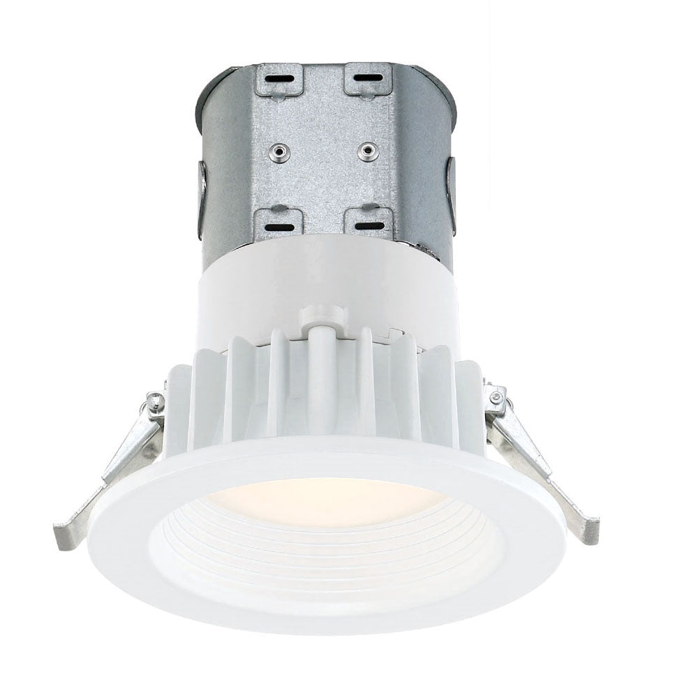 Recessed ceiling light with white housing and silver metal components on a white background