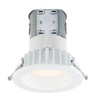 Recessed ceiling light with white housing and silver metal components on a white background
