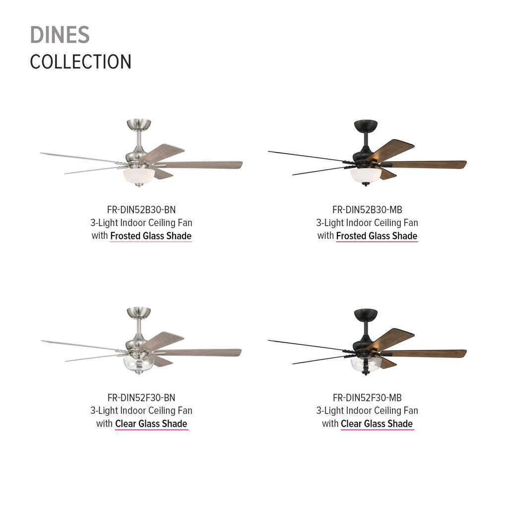 Dines 52 in. Indoor Transitional Ceiling Fan with (2) 3000K LED Bulbs, Frosted Shade, Remote Included