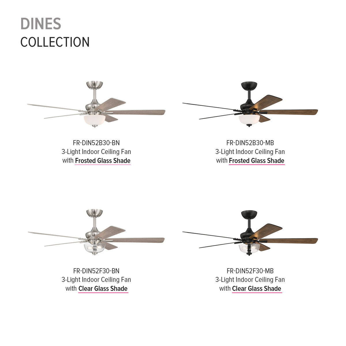 Dines 52 in. Indoor Transitional Ceiling Fan with (2) 3000K LED Bulbs, Frosted Shade, Remote Included