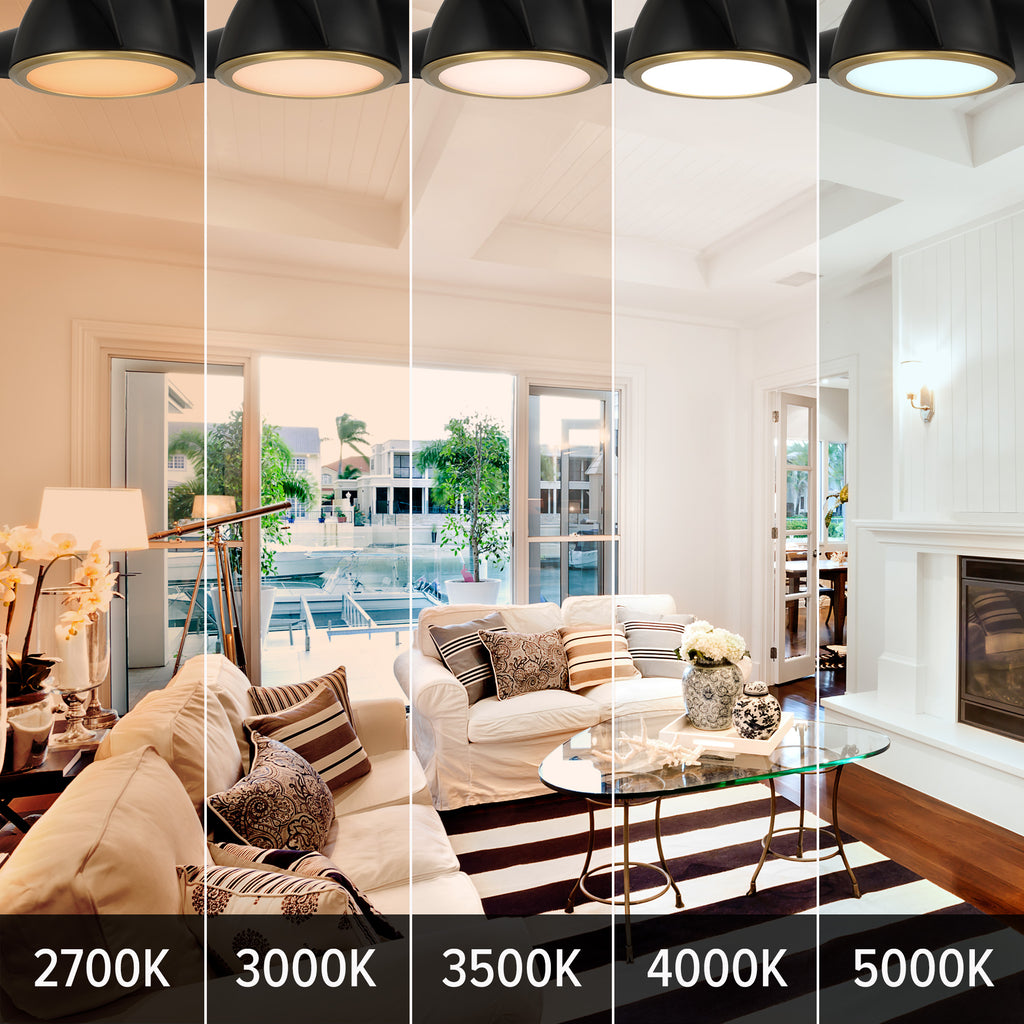 Living room with different color temperature lighting effects displayed.