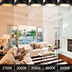 Living room with different color temperature lighting effects displayed.