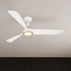 Ceiling fan with white blades and gold light fixture on a neutral background