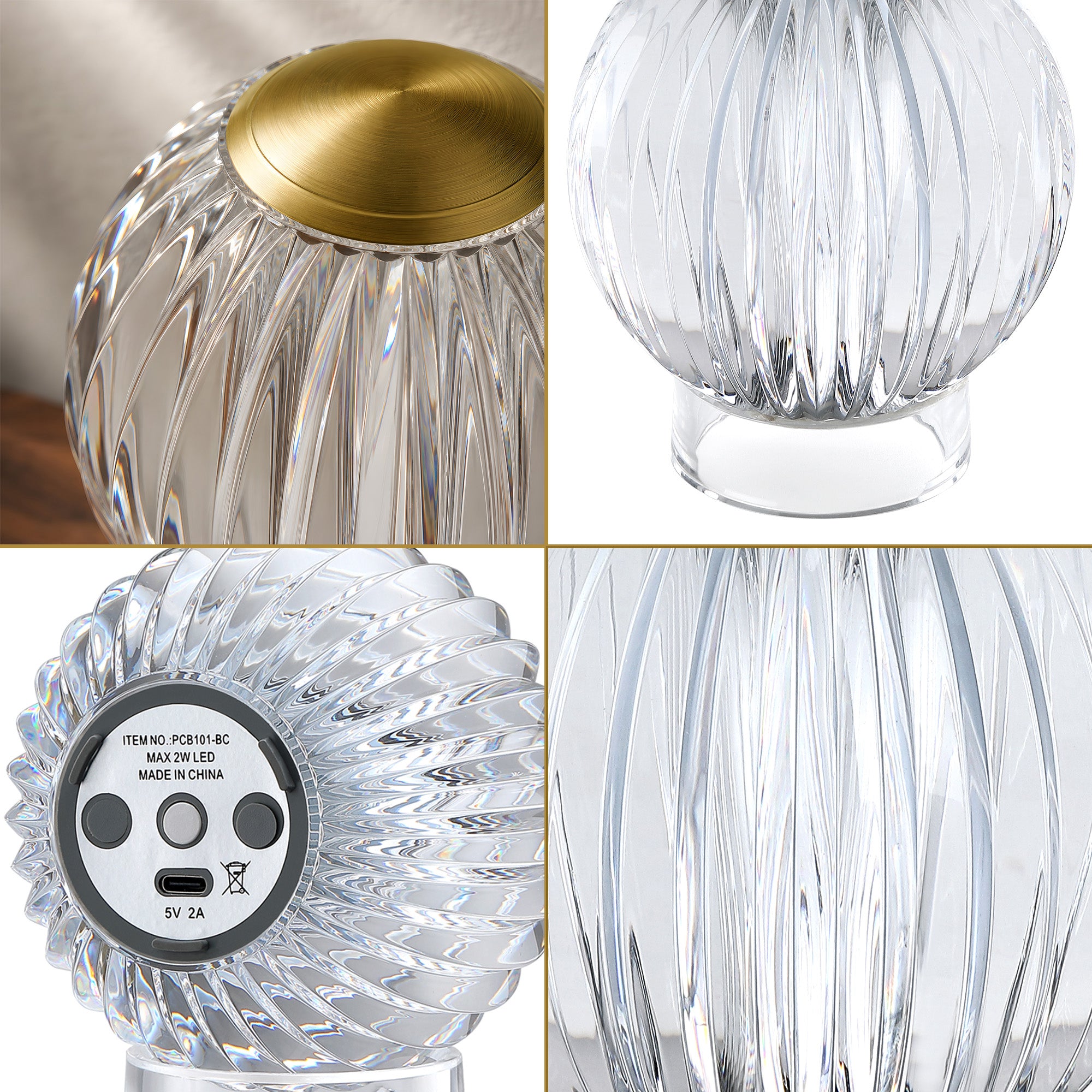 Mia 4.14 in. Brass Glam Rechargeable Color-Changing LED Ornamental Table Lamp for Bedrooms with Optic Acrylic Shade