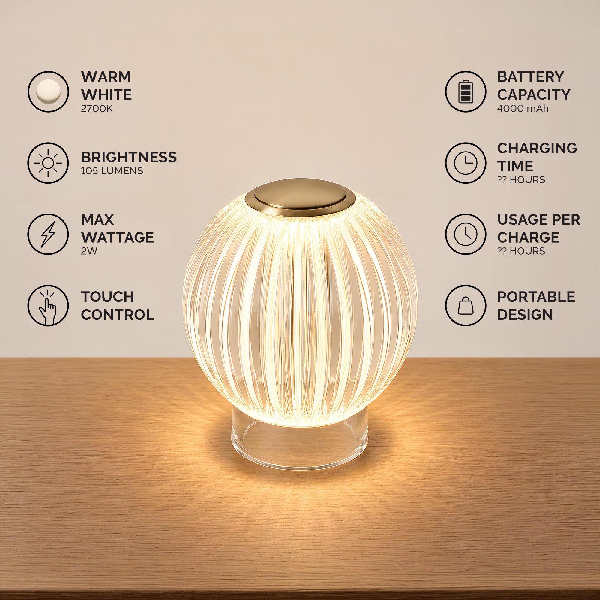 Mia 4.14 in. Brass Glam Rechargeable Color-Changing LED Ornamental Table Lamp for Bedrooms with Optic Acrylic Shade