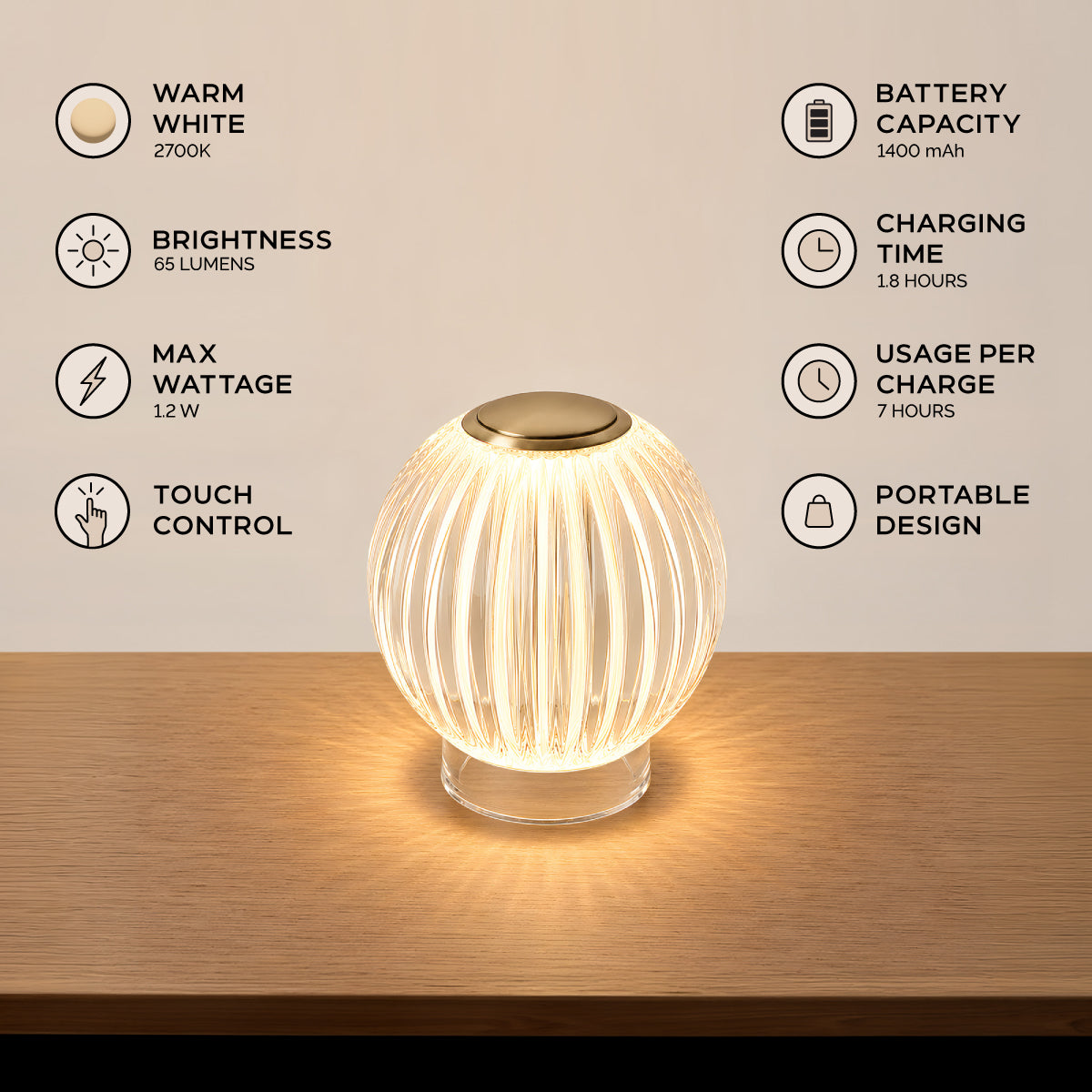 Mia 3.34 in. Brass Modern 8-RGBW Color-Changing Rechargeable LED Portable Acrylic Novelty Gift Lamp